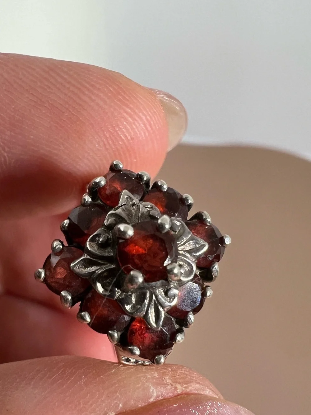 Red Garnet Cluster Sterling Silver Ring